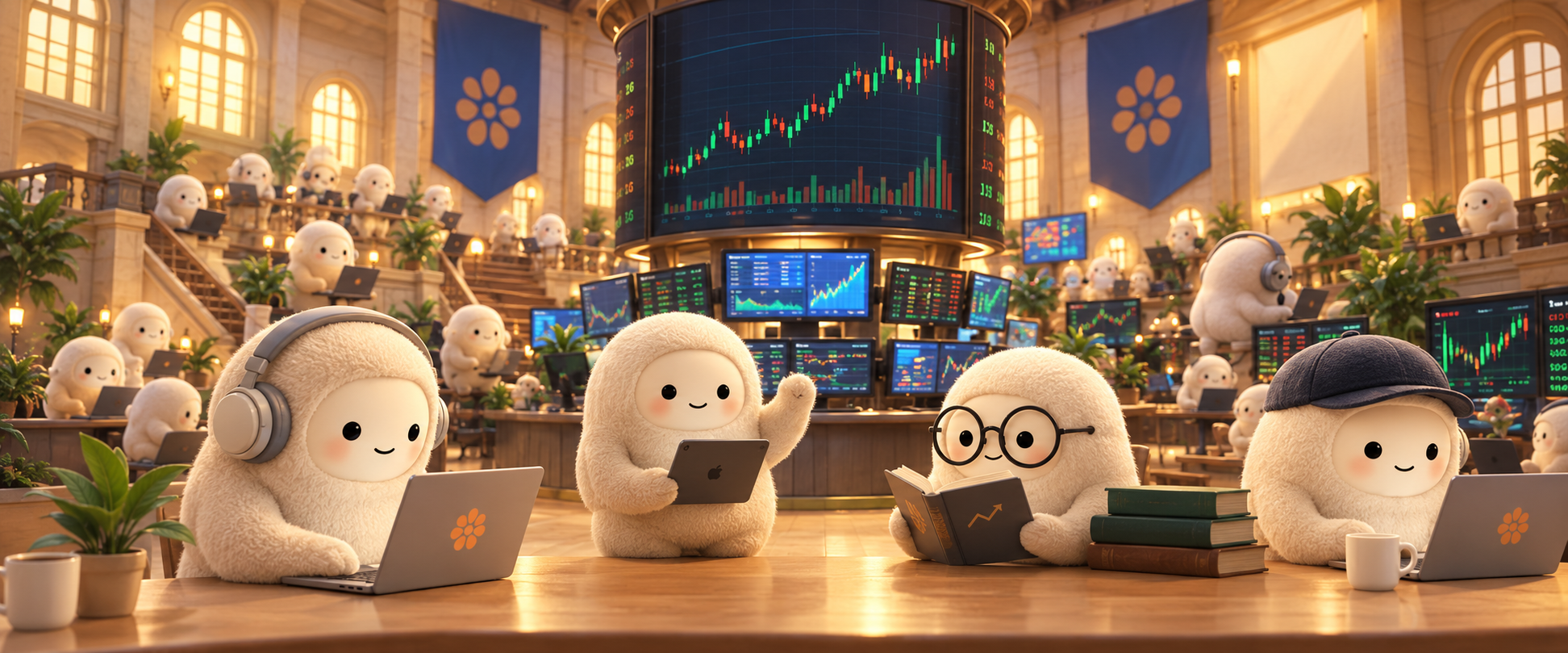 Dozens of Muse agents trading stocks on a grand exchange floor